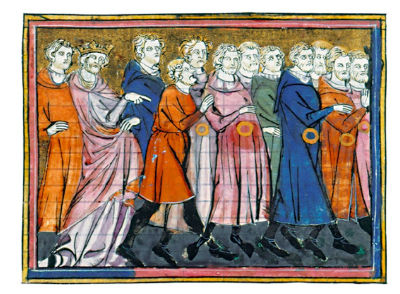 Expulsion des Juifs portant la rouelle en 1182. Miniature des Grandes Chroniques de France
