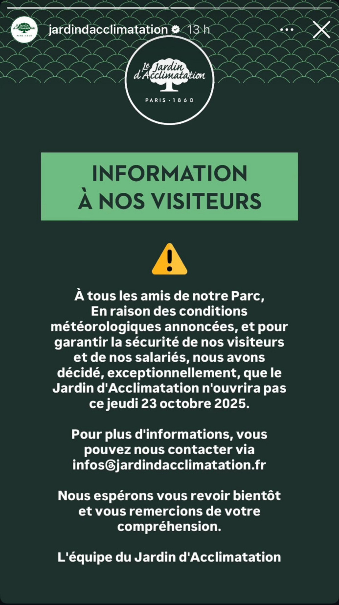 Alerte vents : le Jardin d'Acclimatation fermé ce jeudi en raison des intempéries prévues