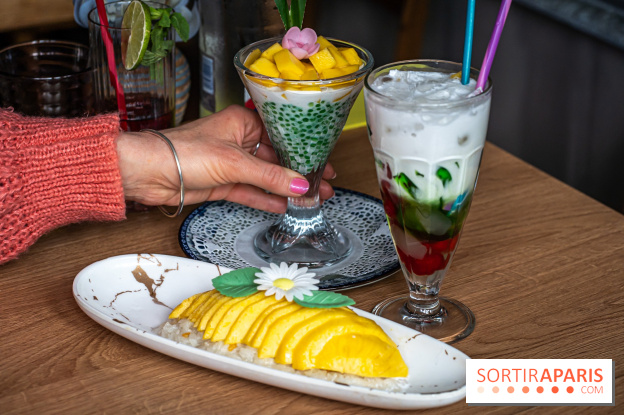 Buja restaurant végétarien thaï et Viet Paris 13e - photos - dessert 3 couleurs, perle de tapioca à la mangue, Mango sticky rice