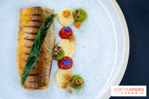 Restaurant Papylles à Bois-le-Roi - les photos - Le maquereau à la flamme, moutarde fumée, piquillos et ail des ours