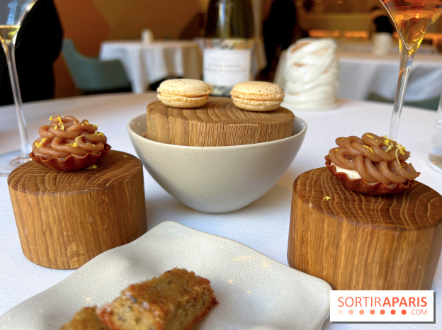 Alliance - Financier aux olives noires, Mont Blanc châtaigne-citron, macaron sésame blanc-crème de yuzu