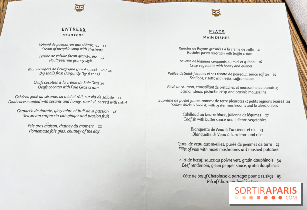 Les Chouettes restaurant, la pépite cachée de cuisine française dans un cadre insolite - menu - carte