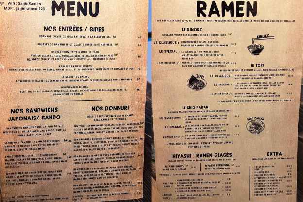 Gaijin Ramen, le resto de ramen où tout est fait maison - la carte - le menu