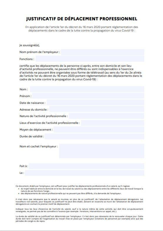 Coronavirus : justificatif de déplacement professionnel valable toute la durée du confinement