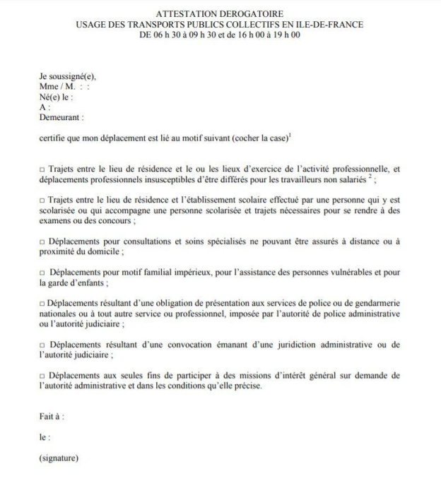 Attestation employeur dans les transports d'Ile-de-France à télécharger ou en ligne