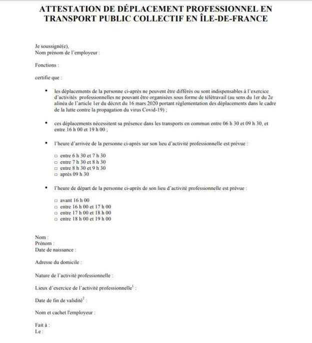 Attestation employeur dans les transports d'Ile-de-France à télécharger ou en ligne