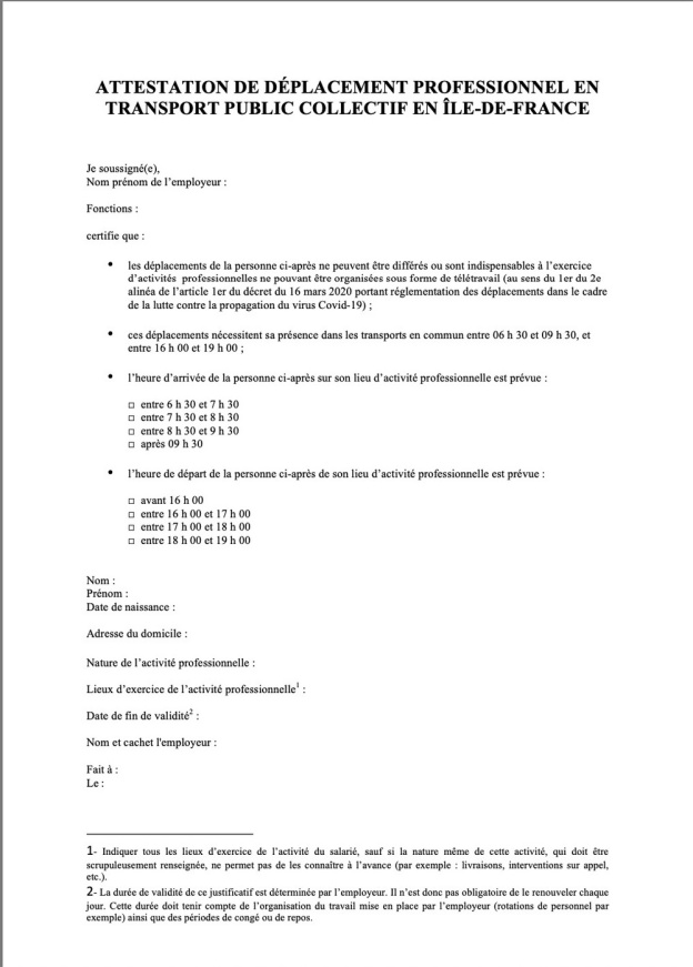 Coronavirus : les modèles de l'attestation transports en Île-de-France