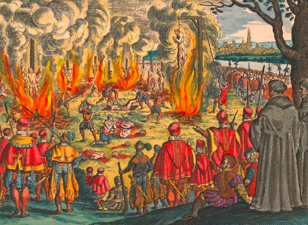 Persécution des protestants durant le règne de François Ier, en 1534 Gravure sur cuivre de Matthäus Merian l’Ancien (1593–1650)