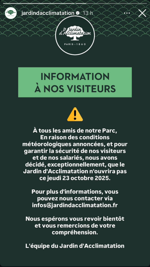 Alerte vents : le Jardin d'Acclimatation fermé ce jeudi en raison des intempéries prévues