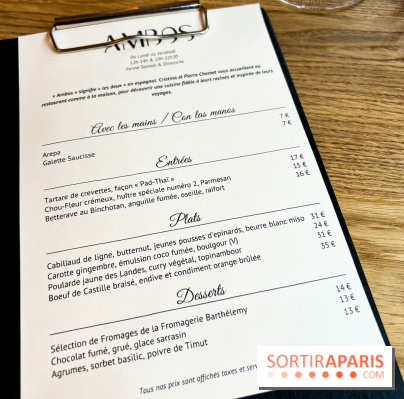 Ambos restaurant Paris - Cristina et Pierre Chomet - menu