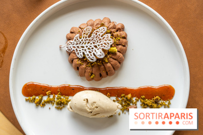 La Table du Château à Dampierre-en-Yvelines, le restaurant face au château - nos photos -  Mousse et moelleux au chocolat Virunga 70%, caramel de lentins des chênes, glace à la fève tonka