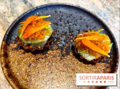 Restaurant Alan Geaam - Tartelette tartare de bar, carpaccio d’asperges vertes, poutargue