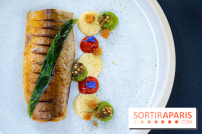 Restaurant Papylles à Bois-le-Roi - les photos - Le maquereau à la flamme, moutarde fumée, piquillos et ail des ours