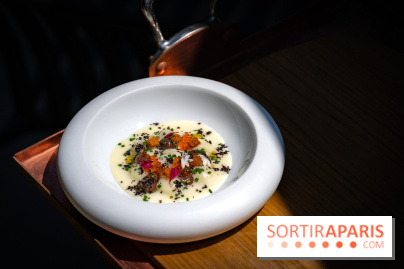 Restaurant Papylles à Bois-le-Roi - les photos - La pomme de terre nouvelles de Julien Favry Velouté Vichyssoise, œufs de truite fumée, olives noires