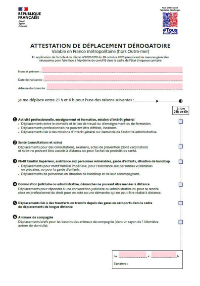 Attestation couvre feu 21h