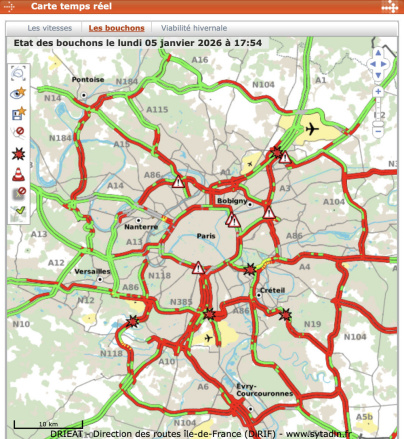 Neige et verglas en Ile-de-France, plus de 1000 km de bouchons, un record !