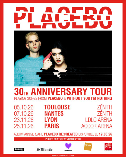 Placebo en concert à Paris Bercy en novembre 2026 pour fêter ses 30 ans de carrière 