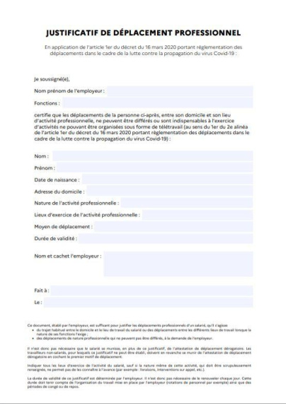 Coronavirus : justificatif de déplacement professionnel valable toute la durée du confinement