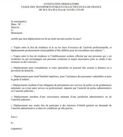 Attestation employeur dans les transports d'Ile-de-France à télécharger ou en ligne