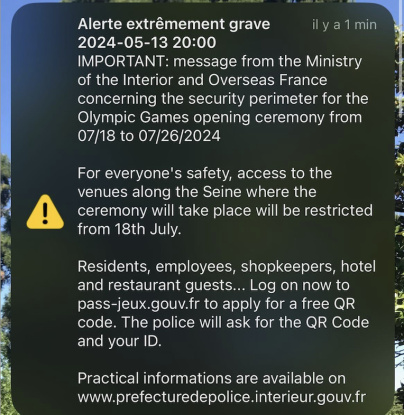 Alerte sur les Téléphones Mobiles concernant la Cérémonie d'Ouverture des Jeux Olympiques