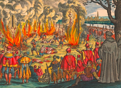 Persécution des protestants durant le règne de François Ier, en 1534 Gravure sur cuivre de Matthäus Merian l’Ancien (1593–1650)