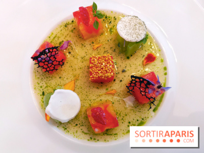 Le Laurent - Fraîcheur de tomates perlées à l'huile de basilic, pastèque au yuzu, meringue citronnée