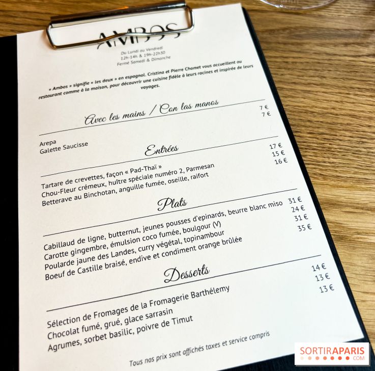 Ambos restaurant Paris - Cristina et Pierre Chomet - menu