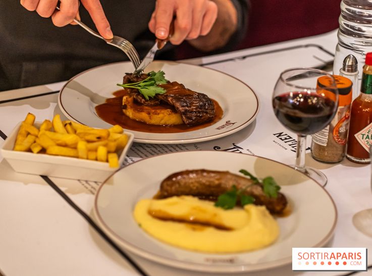 Le Bouillon Julien, la brasserie au sublime décor art nouveau, son menu et ses plats -  Hampe de Bœuf sauce Stroganov - saucisse purée