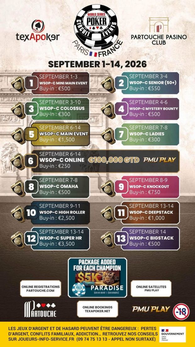 WSOP Circuit Paris 2026 : le grand festival de poker s’installe au Partouche Pasino Club