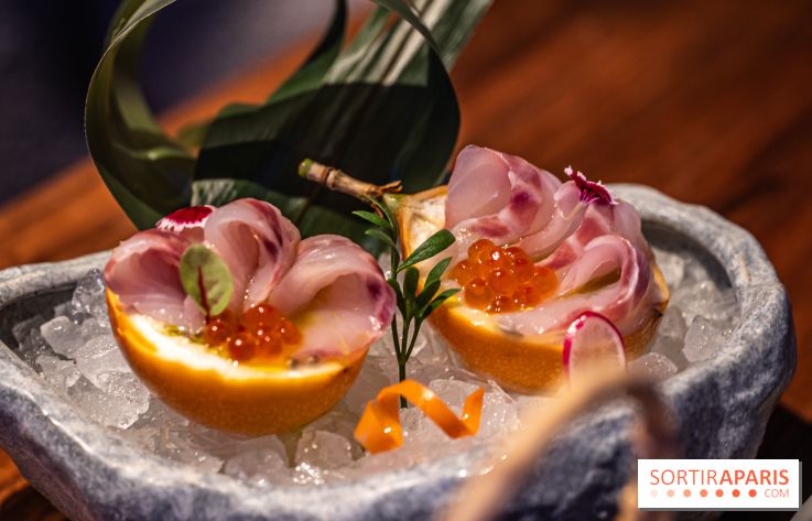 Pink Koï Paris - restaurant japonais -  Suzuki Passhonfurutsu, bar cru mariné dans un fruit de la passion