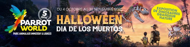 Expo de dinosaures et saynètes, Parrot World se transforme pour Halloween et le Dia de los Muertos !