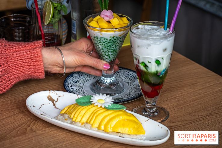 Buja restaurant végétarien thaï et Viet Paris 13e - photos - dessert 3 couleurs, perle de tapioca à la mangue, Mango sticky rice