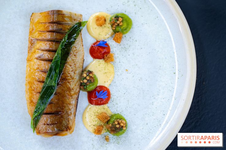 Restaurant Papylles à Bois-le-Roi - les photos - Le maquereau à la flamme, moutarde fumée, piquillos et ail des ours