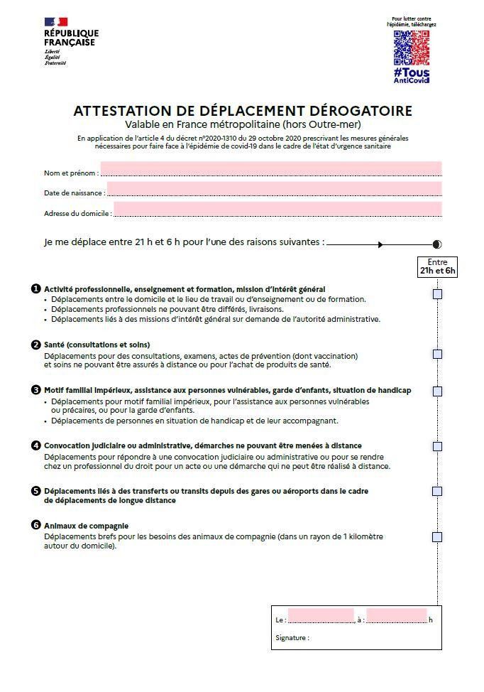 Attestation couvre feu 21h