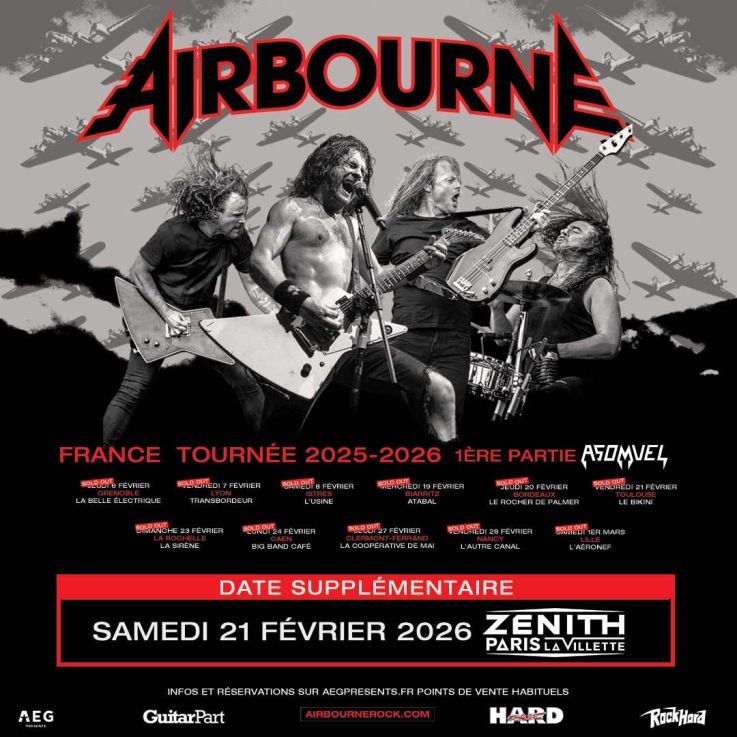 Airbourne en concert au Zénith de Paris en février 2026