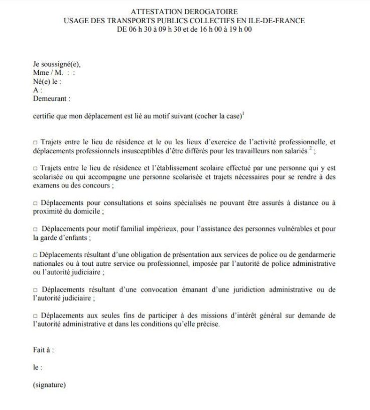 Attestation employeur dans les transports d'Ile-de-France à télécharger ou en ligne