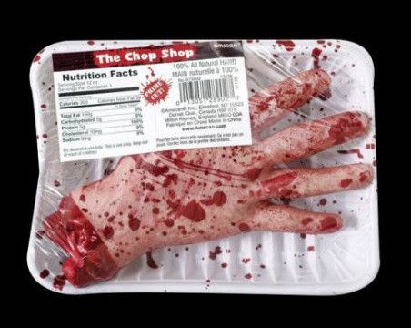 Une barquette de main humaine coupée ensanglantée 