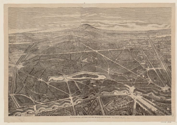 Le Bois de Boulogne à vol d'oiseau, avec le tracé du nouveau jardin d'acclimatation, Anonyme