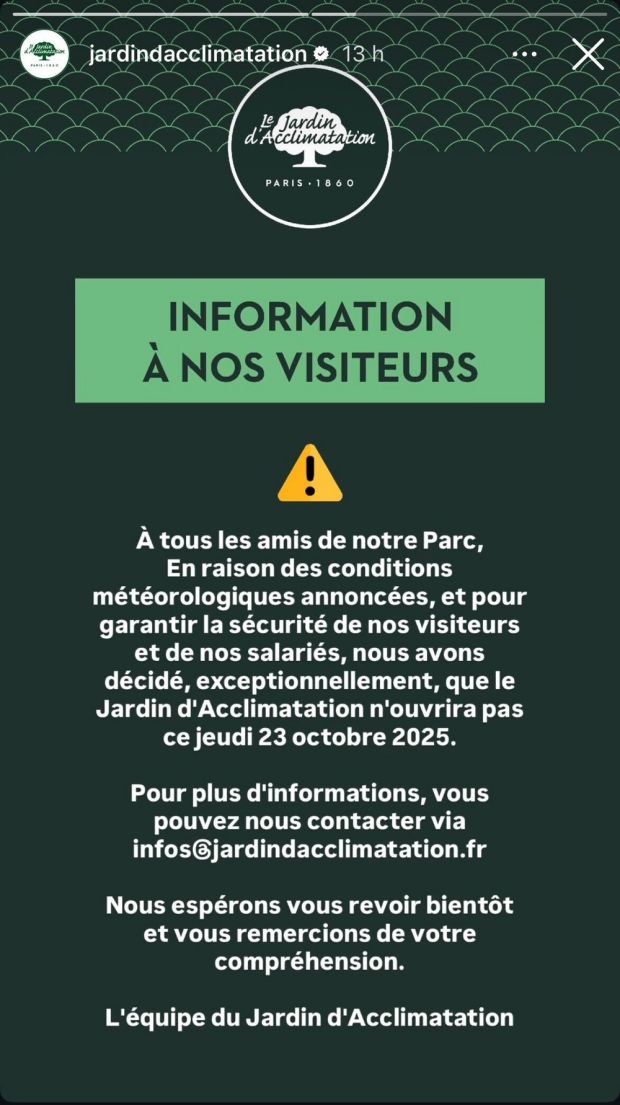 Alerte vents : le Jardin d'Acclimatation fermé ce jeudi en raison des intempéries prévues