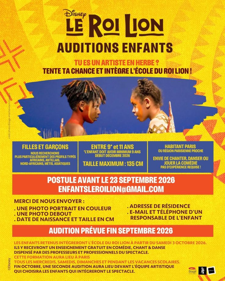 Le Roi Lion cherche ses futurs jeunes artistes : des auditions enfants organisées à Paris