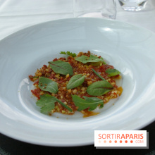 Carpaccio de Saint-Jacques, vierge de légumes, citron confit et herbes fines